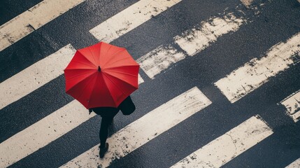 From above, a solitary figure shelters beneath a bold red umbrella, crossing a slick, rain-kissed street, weaving a tale of urban solitude.