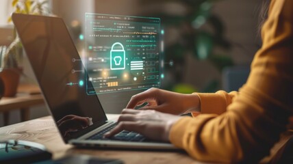 Female programmer working on cybersecurity code with digital interface