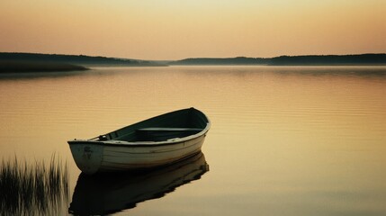 An empty wooden rowboat floats on still waters at the break of dawn, surrounded by mist and layers of pastel sky, conveying solitude and peace.