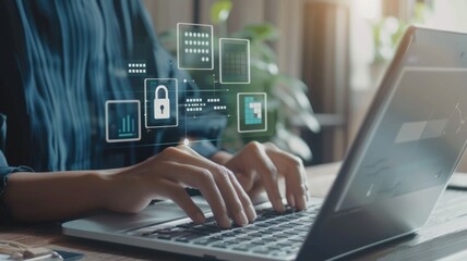 Data security concept with person typing on laptop and digital interface icons