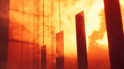 Dramatic orange light pierces abstract structures, casting powerful silhouettes and evoking a sense of awe and creativity.