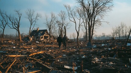 A desolate landscape of devastation with two solitary figures walking towards a distant rundown house amidst barren trees.