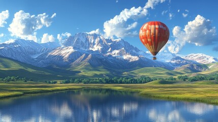 Fototapeta premium A red hot air balloon floats over a mountain range and lake.