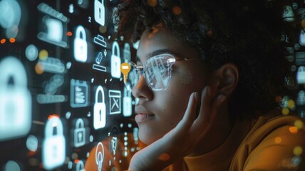 Cybersecurity visualization: woman analyzing digital security metrics in virtual space