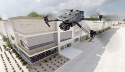 Unmanned Aircraft System Quadcopter Drone UAV In The Air Near Corporate Industrial Building