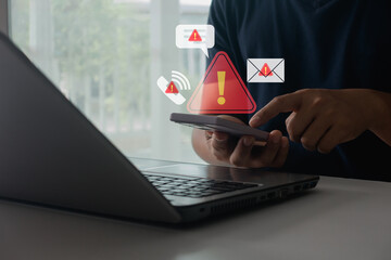 Fraud alert or smartphone Scam, System hacked warning alert on mobile. Cyber attack network, Virus,...