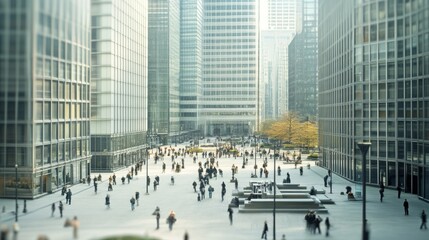 A lively cityscape with people walking in a spacious plaza, surrounded by towering skyscrapers, capturing the essence of modern urban living.