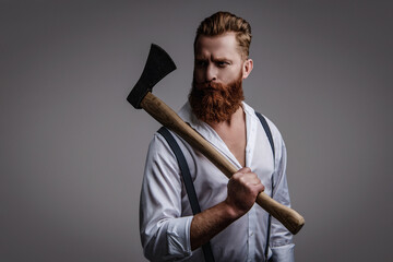 Masculine energy. Retro style. Handsome and charismatic. Masculine man. Masculinity of bearded man...