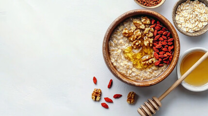 healthy breakfast bowl featuring oatmeal topped with walnuts, goji berries, and honey, perfect for nutritious start to day