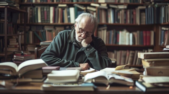 Elderly man asleep in cozy library surrounded by stacks of books
