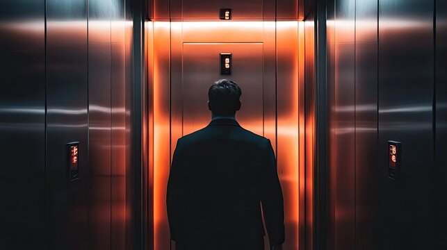 Man in suit standing in an elevator. This photo can be used to represent the idea of upward mobility, success, or professional progress.