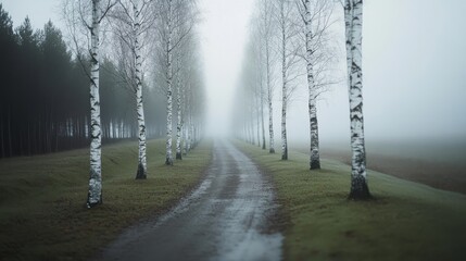 Obraz premium A serene, foggy avenue lined with bare birch trees stretches into the mysterious distance, evoking a sense of peace and endless possibilities.