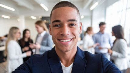 Obraz premium A smiling male professional of Hispanic descent takes a selfie in a bright office setting, with colleagues engaging in conversation in the background.