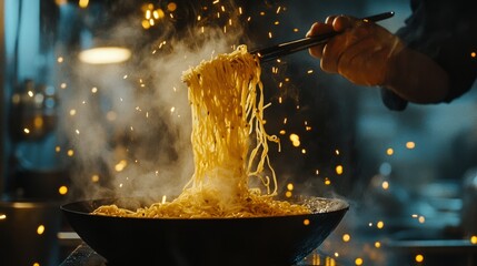 Noodles lifted high with chopsticks against a backdrop of sizzling steam and sparks, showcasing the artistry of vibrant Asian cuisine.