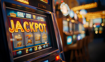A slot machine lights up with a jackpot display while patrons enjoy the lively casino atmosphere