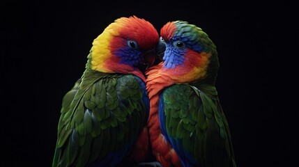 Fototapeta premium Two vibrantly colored parrots share an intimate moment against a black backdrop, radiating vivid hues and affectionate charm.