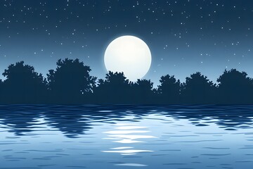 A simple view of a full moon rising over a calm lake, with trees in silhouette and copyspace. Night sky with soft stars.