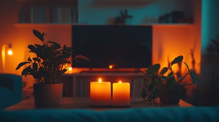 Two burning candles on a coffee table in a living room with plants and a TV.