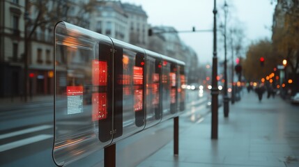 Blurred urban cityscape features futuristic information boards, reflecting a blend of digital technology and daily life dynamics.