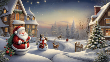 Obraz premium Merry Christmas wishes graphic design 2d and 3d illustration template. Merry Christmas images with snowmen and Santa Claus.
