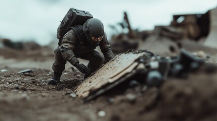 A soldier in tactical gear examines terrain amidst debris, demonstrating caution and analytical skills in a tense, barren landscape.