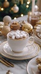 Fototapeta premium A steaming cup of hot chocolate topped with fluffy marshmallows, perfect for cozy winter evenings indoors.