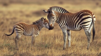 Fototapeta premium A zebra and its foal gently nuzzle each other in the golden savanna, symbolizing tender affection and family bonds in the wild.
