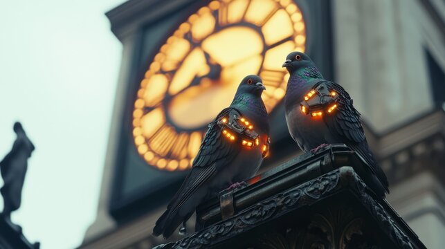 Two pigeons with futuristic lights adorn a classic clock tower, blending anachronistic elements with vibrant, technological flair.