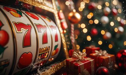 A colorful slot machine adorned with holiday decor and gifts, highlighting the festive spirit