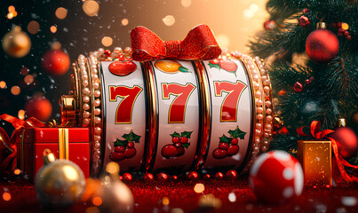 A decorated slot machine displays bright symbols amidst a joyful holiday atmosphere