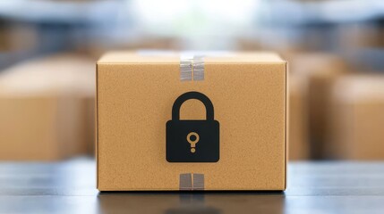 A brown cardboard box with a lock icon, symbolizing security and protection, displayed in a blurred warehouse setting.