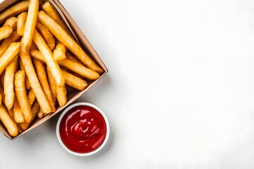 Fries in a box with ketchup on a clean white surface and copyspace at the top. Bright lighting.