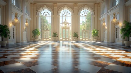 Obraz premium Large, Luxurious, Sunlit Lobby with Checkerboard Floor in Classical Architecture