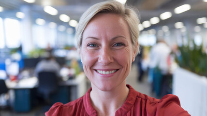 A cheerful Caucasian woman in her 30s smiles confidently in a bright office environment, surrounded by colleagues engaged in work.