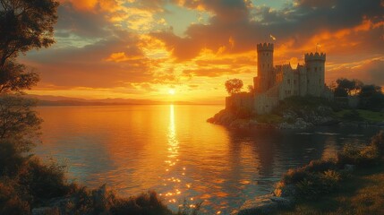 Obraz premium A stone castle stands on a small island in a lake at sunset. The sun is setting behind the castle and the sky is a vibrant orange and red.