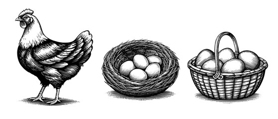 Black and white illustration of a hen, a basket, and a nest with eggs
