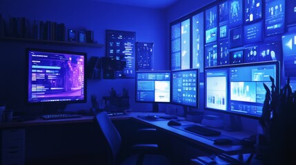 A high-tech command center filled with multiple screens glowing in blue and purple light, showcasing a futuristic world of digital operations.