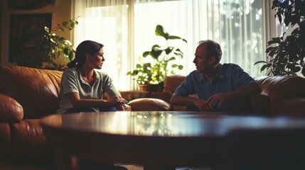 Two people share a candid conversation in a cozy living room filled with soft light and greenery, radiating warmth and connection.