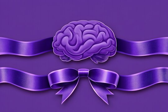 A lavender ribbon and a brain illustration on a clean background with copyspace, raising awareness for epilepsy. - Powered by Adobe