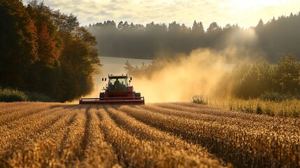 Obraz premium A tractor is driving through a field of wheat. The sun is setting, casting a warm glow over the scene