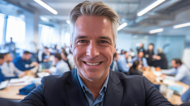 Confident middle-aged Caucasian man smiles at the camera in a bustling office environment, showcasing modern workplace dynamics.