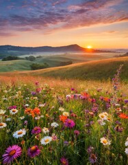 Obraz premium Vibrant Fields of Colorful Wildflowers Stretching Across a Rolling Meadow, Framed by Distant Hills and a Golden Sunrise in the Horizon, Captured for a Scenic Nature Landscape
