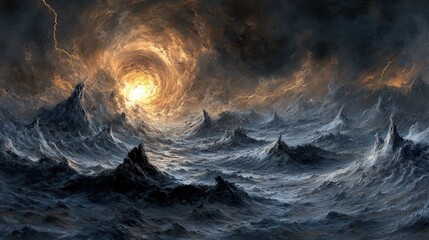 A dramatic, otherworldly landscape with a swirling vortex of light and lightning in the sky above jagged, snow-covered mountains.