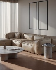 living room with a sofa against a light-coloured wall featuring two blank vertical frames 3d illustration image.
