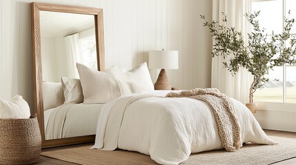 Fototapeta premium A frameless mirror in a modern rustic bedroom; floor-length, clean lines, leaning subtly to reflect greenery and neutral decor accents