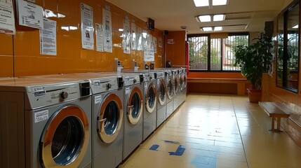 Accessible laundry area, hostel theme, mix of front/top washers, clear multilingual signs, well-lit