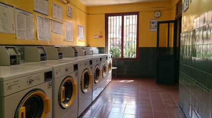 Obraz premium Accessible laundry area, hostel theme, mix of front/top washers, clear multilingual signs, well-lit