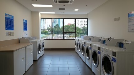 Accessible laundry area, hostel theme, mix of front/top washers, clear multilingual signs, well-lit
