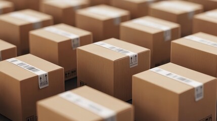 Fototapeta premium A close-up view of several stacked cardboard boxes organized neatly, showcasing shipping labels on each box in a warehouse setting.
