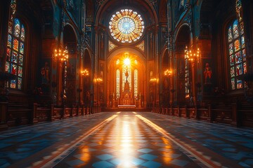 Fototapeta premium Empty church interior with stained glass window, light and wooden pews